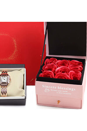 Gül Kutusu & Işıklı Melek Biblo & Rose Kadın Saati Hediye Seti