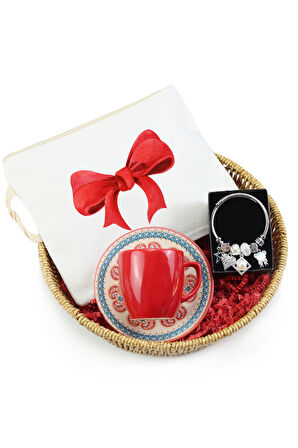 Kurdele Bez Çanta & Kahve Fincanı & Bileklik Hediye Sepeti
