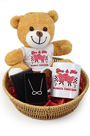 Özel Sepetinde Peluş Ayıcık & Baskılı Kupa & Sonsuzluk Kolye Hediye Seti