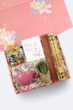 Çubuk Tütsü & Canlı Sukulent Çiçek & Lavi Çikolata & Seramik Çay Fincanı Hediye Seti