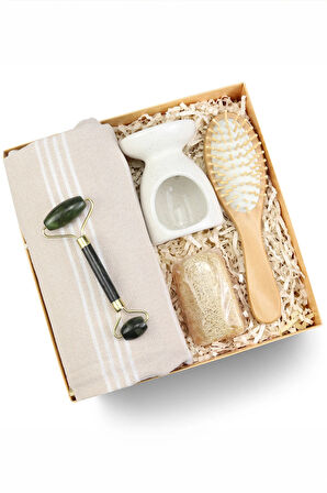 Peştemal & Yeşim Taşı Yüz Masaj Aleti & Kabak Lifli Sabun & Buhurdanlık & Ahşap Tarak Hediye Seti