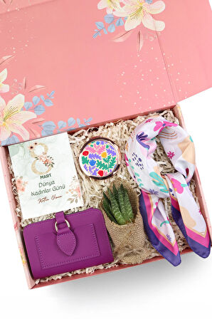 Mor Cüzdan & Sukulent & Fular & Rose Ayna Hediye Seti