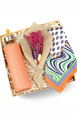 Turuncu Matara & Buket Çiçek & Turuncu Desen Fular Hediye Seti