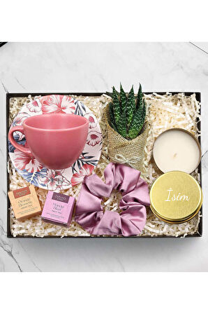 Pembe Çay Fincanı & Saten Toka & Sukulent & 2'li Tea Shop Çay Hediye Seti