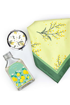 Mimoza Desenli Fular & Ayna & Kolonya Hediye Seti