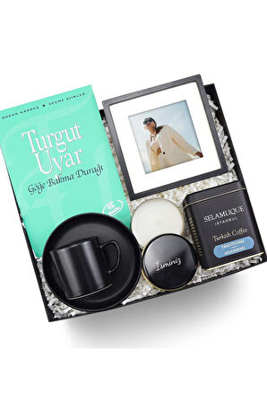 Göğe Bakma Durağı Kitabı & Çerçeve & Mum & Türk Kahvesi & Fincan Hediye Seti