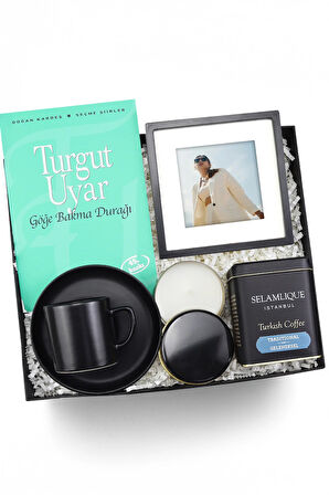 Göğe Bakma Durağı Kitabı & Çerçeve & Mum & Türk Kahvesi & Fincan Hediye Seti