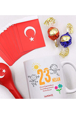 Kişiye Özel Kupa & Türk Bayrağı & Balon & Kupa & Lavi Çikolata 23 Nisan Hediye Seti