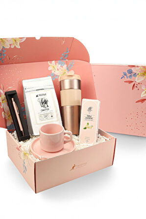 Termos & 250 Gr Filtre Kahve & Kolonya & Pembe Fincan & Rose Kalem Hediye Seti