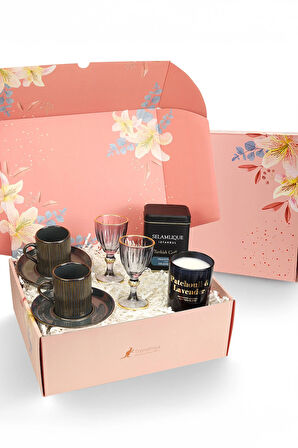 2li Porselen Fincan & Kahve yanı Bardağı & Selamlıque Türk Kahvesi & Rakle Mum Hediye Seti