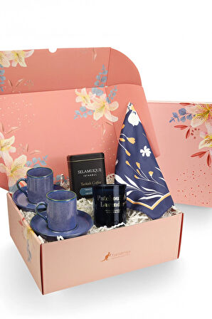 2 li Porselen Fincan & Selamlıque Türk Kahvesi & Rakle Mum & Fular Hediye Seti