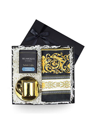 Saten Şal & Gold Fincan & Selamlıque Türk Kahvesi Hediye Seti