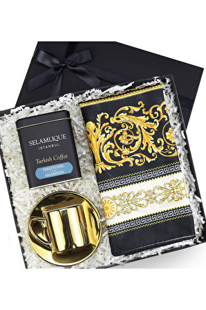 Saten Şal & Gold Fincan & Selamlıque Türk Kahvesi Hediye Seti