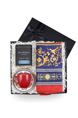 Selamlıque Türk Kahvesi & Fincan & Model Saten Şal Hediye Seti