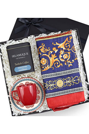 Selamlıque Türk Kahvesi & Fincan & Model Saten Şal Hediye Seti