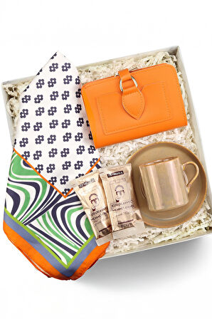 Porselen Fincan & Cüzdan & Türk Kahvesi & Tasarım Fular Hediye Seti