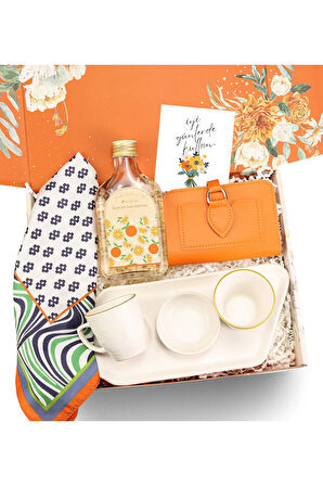 Turuncu Fular & Türk Kahvesi Sunum Seti & Turuncu Yumuşak Deri Cüzdan & Kolonya Hediye Seti