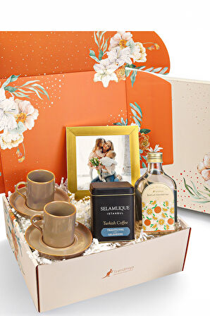 Porselen Fincan & Gold Çerçeve & Selamlıque Türk Kahvesi & Kolonya Hediye Seti