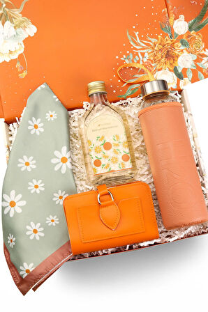 Turuncu Kadın Cüzdan & Kolonya & Fular & Matara Hediye Seti