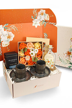 2 li Fincan & Gül Kutusu & Kolonya & Türk Kahvesi Hediye Seti