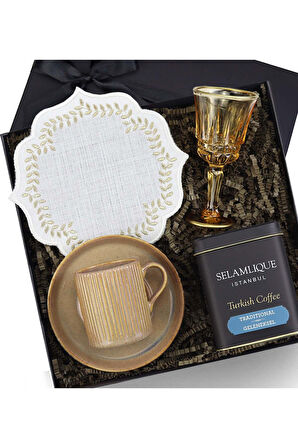 Porselen Fincan & Selamlıque Türk Kahvesi & Kahve Yanı Su Kadehi & Sunum Kahve Peçetesi Hediye Seti