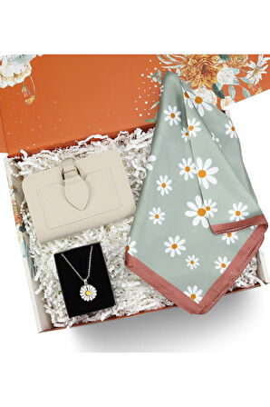 Papatya Kolye & Cüzdan & Fular Hediye Seti