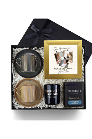 2 li Porselen Fincan & Rakle Mum & Çerçeve & Türk Kahvesi Hediye Seti