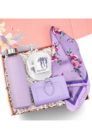 Kişiye Özel T Fincan & Mor Kılıflı Matara & Mor Çiçekli Fular & Lila Cüzdan