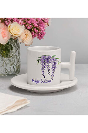 Kişiye Özel T Fincan & Mor Kılıflı Matara & Mor Çiçekli Fular & Lila Cüzdan