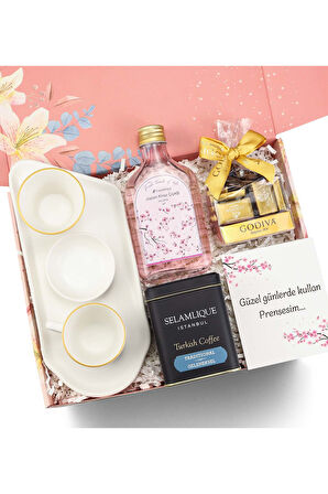 Beyaz Türk Kahvesi Sunum Seti & Selamlıque & 200ml Kolonya & Godiva Napoliten Çikolata