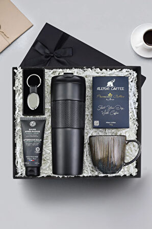 French Press Termos & Anahtarlık & Lacivert Porselen Kupa & Kahve & Yves Rocher Balsam Babaya Hediye
