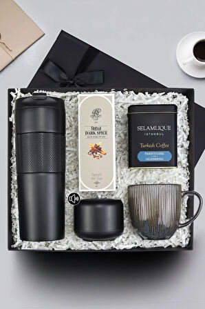 French Press Termos & Kolonya & Lacivert Porselen Kupa & Selamlıque & Hoparlör Hediye Seti