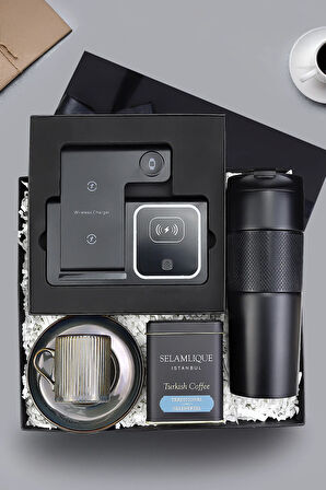Masa Üstü Şarj Standı & French Press Termos & Selamlıque & Lacivert Porselen Fincan Hediye Seti