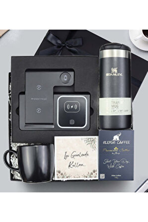 Wireless Masa Üstü Şarj Standı & Termos & Siyah Kupa & Pemium Filtre Kahve