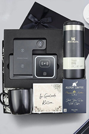 Wireless Masa Üstü Şarj Standı & Termos & Siyah Kupa & Premium Filtre Kahve Hediye Seti