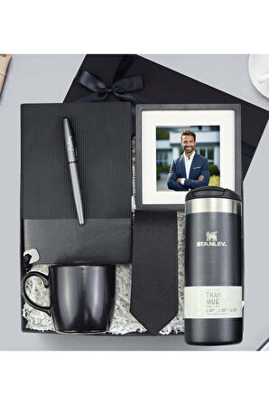 Termos & Esnek Kapak Defter & Gri Roller Kalem & Paspartu Çerçeve & Kravat & Siyah Kupa