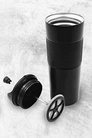 French Press Termos & Paspartu Çerçeve & Hakiki Deri Cüzdan & Siyah Kupa Hediye Seti