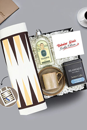 Tavla Baskılı Bez Çanta & Selamlıque & Fincan & Eyüp Sabri Tuncer Tıraş Kolonyası Hediye Seti