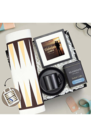 Tavla Baskılı Bez Çanta & Fincan & Çerçeve & Selamlıque Türk Kahvesi Babalar Günü Hediye Seti