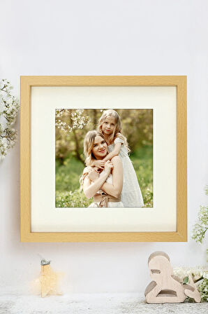 Ahşap Görünüm 13x13 cm Paspartu Çerçeve & Sukulent & Porselen Kupa & Taş Bardak Altlığı Hediye Seti