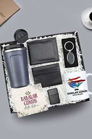Dereceli Lacivert Termos & Cüzdan & Kartlık & Anahtarlık & Çakmak & Kupa Hediye Seti