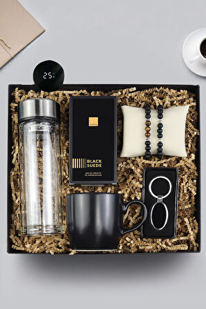 Dereceli Cam Matara & Black Suede Parfüm & Anahtarlık & 2'li Bileklik & Siyah Kupa Hediye Seti