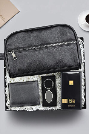 Erkek El Çantası & Cüzdan & Anahtarlık & Black Suede Parfüm Hediye Seti