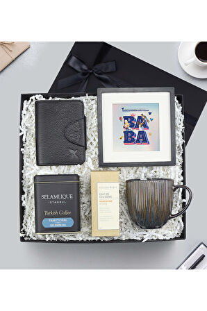 Hakiki Deri Siyah Kartlık & Kupa & Kolonya & Paspartu Çerçeve & Türk Kahvesi Hediye Seti