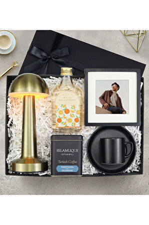 Gold Mantar Masa Lambası & Selamlıque Türk Kahvesi & Fincan & Kolonya & Çerçeve Hediye Seti