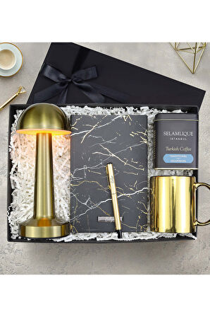 Selamlıque Türk Kahvesi & Defter & Kalem & Gold Mantar Masa Lambası & Kupa Premium Hediye Seti
