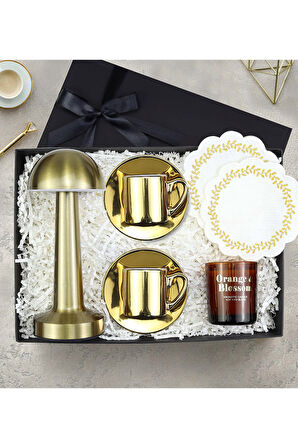 2 li Gold Fincan & Mum & Masa Lambası & Sunum Peçetesi Premium Hediye Seti