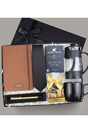 Kişiye Özel Defter & Kravat & French Press & Kupa & Kalem & Çikolata & Filtre Kahve Hediye Seti