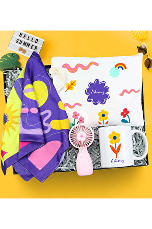 Kişiye Özel Bez Çanta & El Fanı & Kupa & Fular Yaz Seti