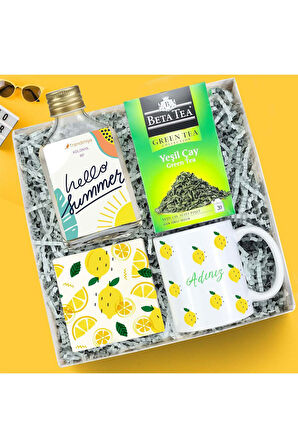 Kişiye Özel Kupa & Yeşil Çay & Bardak Altlığı & Kolonya Yaz Hediye Seti